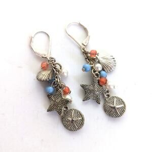 Silver Tone Seed Bead Beachy Charm Sand Dollar Dangle ChaCha Leverback Earrings